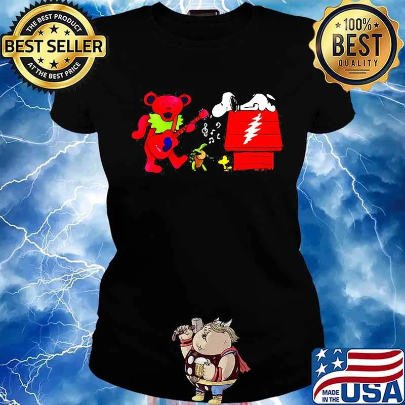 Snoopy Listen To Music Bear Guitar Dark Star Grateful Dead Steal Shirt Ladies tee