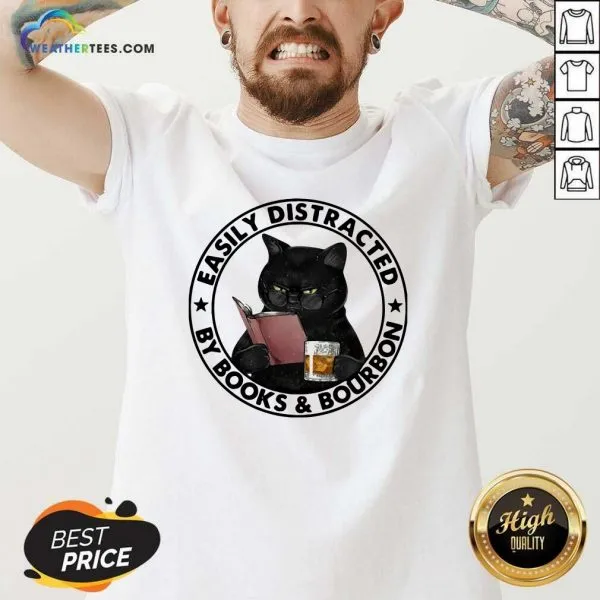 Good Easily Distracted By Books And Bourbon Cat Shirt - Image 2