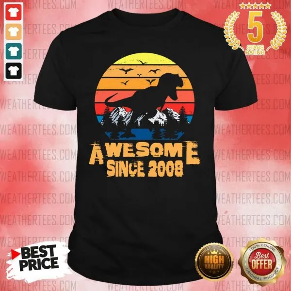 Official Vintage Awesome Since 2008 13 Year Old 13th Birthday Gift For Dinosaur Boy Shirt