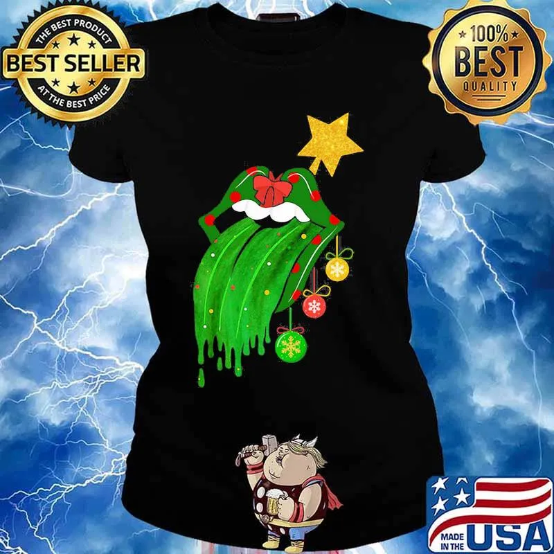 Rock And Roll Rolling Stone Lips Grinch Merry Xmas Shirt Ladies tee