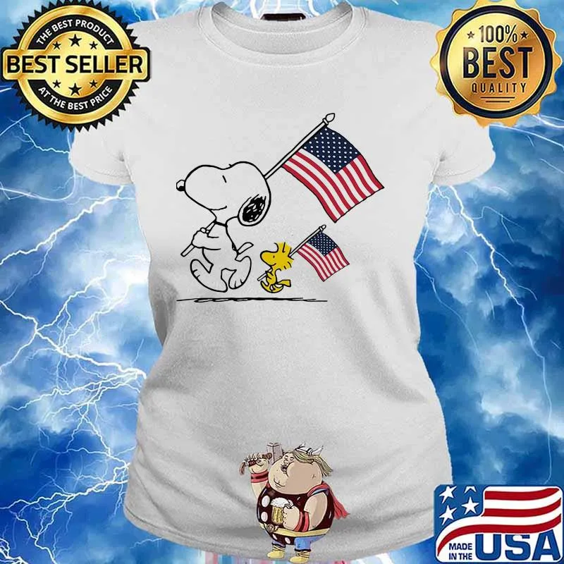 Snoopy And Woodstock Hold The Hand American Flag Shirt Ladies tee