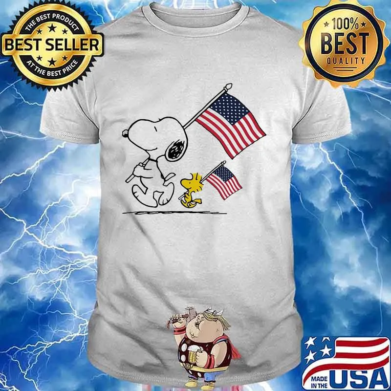 Snoopy And Woodstock Hold The Hand American Flag Shirt Unisex