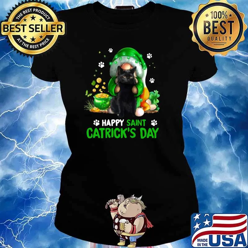 Happy Saint Catrick’s Day Black Cat Irish Gnome Shirt Ladies tee