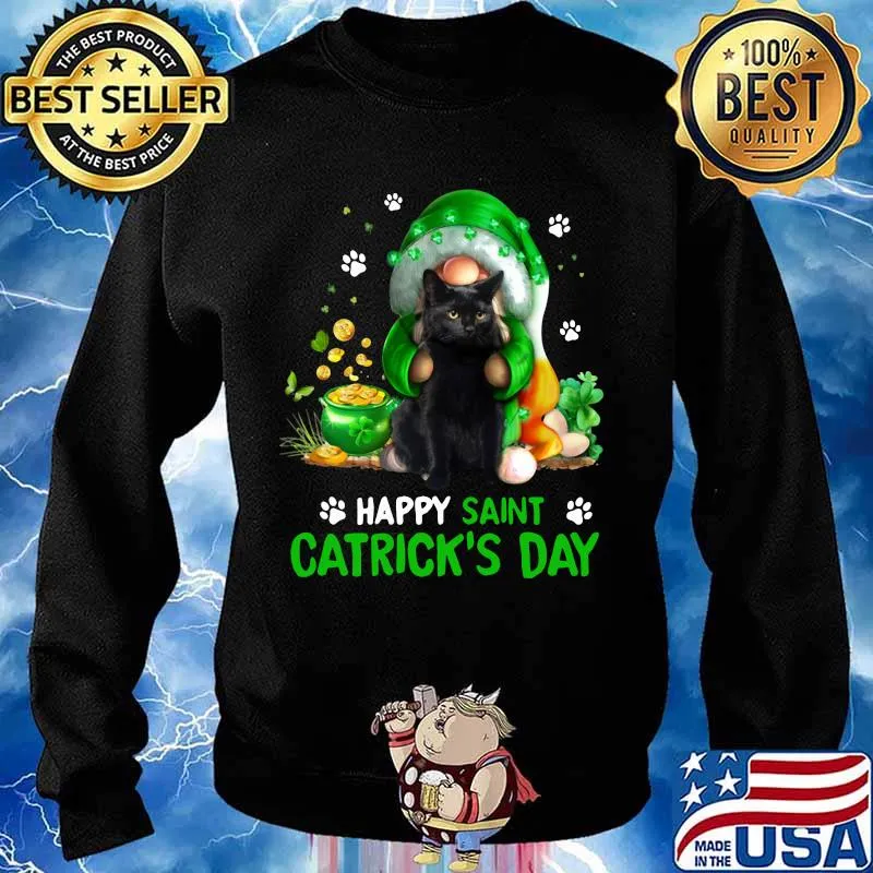 Happy Saint Catrick’s Day Black Cat Irish Gnome Shirt Sweater