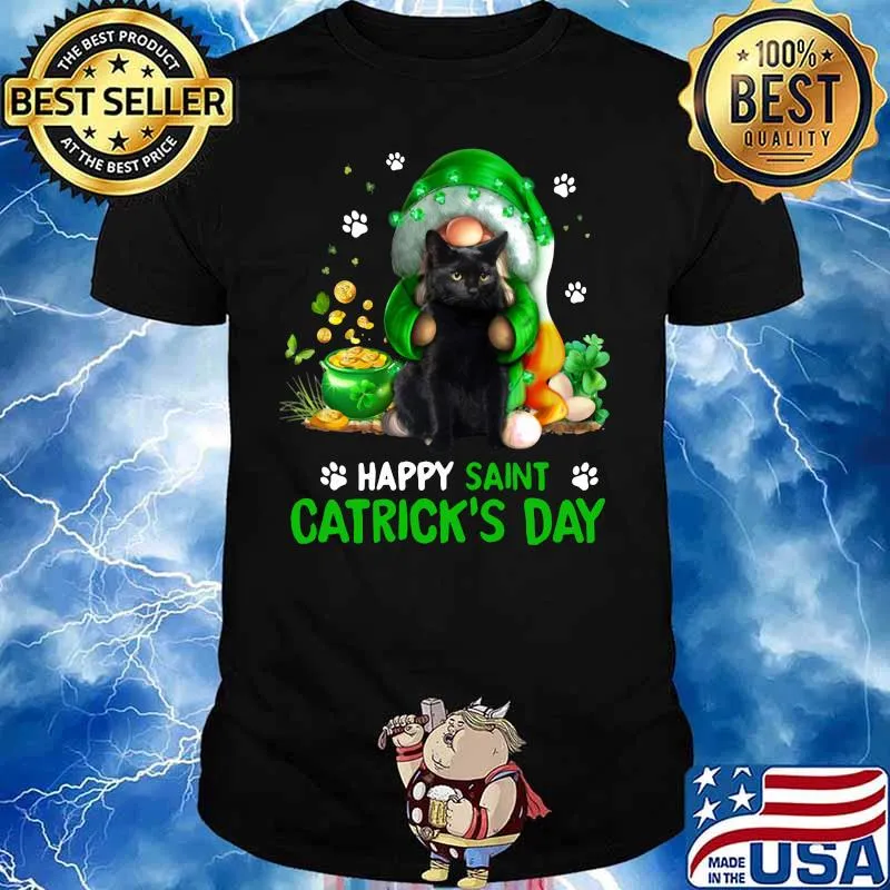 Happy Saint Catrick’s Day Black Cat Irish Gnome Shirt