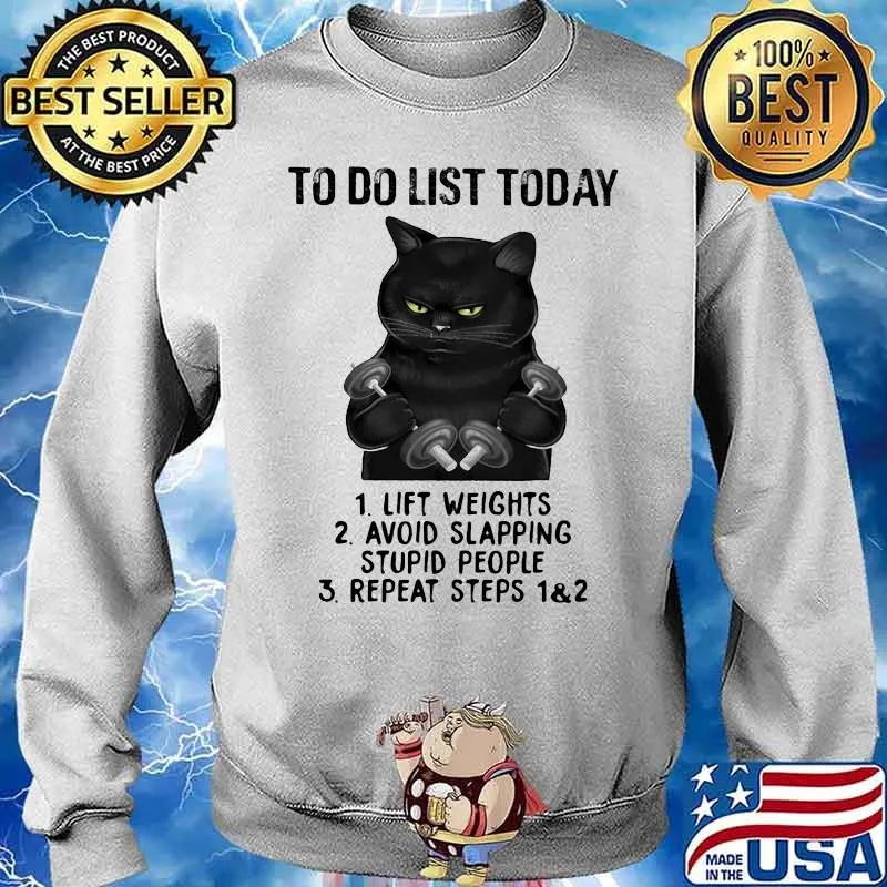 To Do List Today Lift Weights Avoid Slapping Stupid People And Repeat Steps Black Cat Shirt Sweater