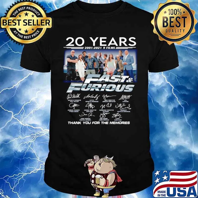 20 Years Of Fast And Furious 2001 2021 9 Films Thank You For The Memories Signatures shirt