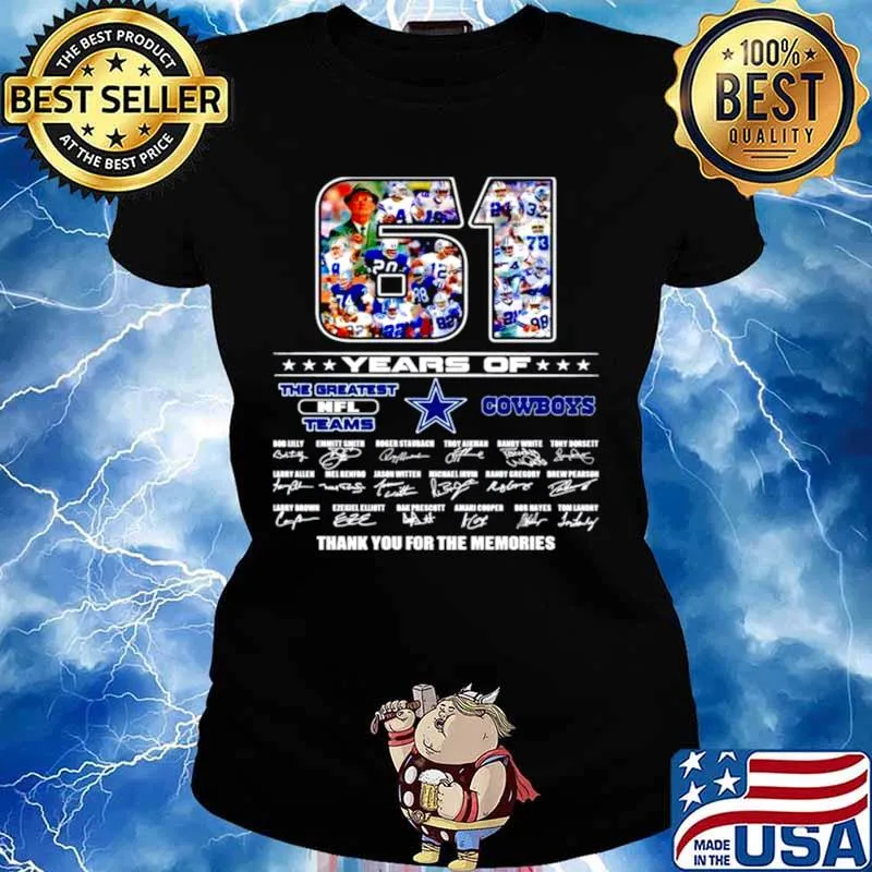 61 years of the greatest NFL teams Dallas Cowboys thank you for the memories signatures Ladies tee