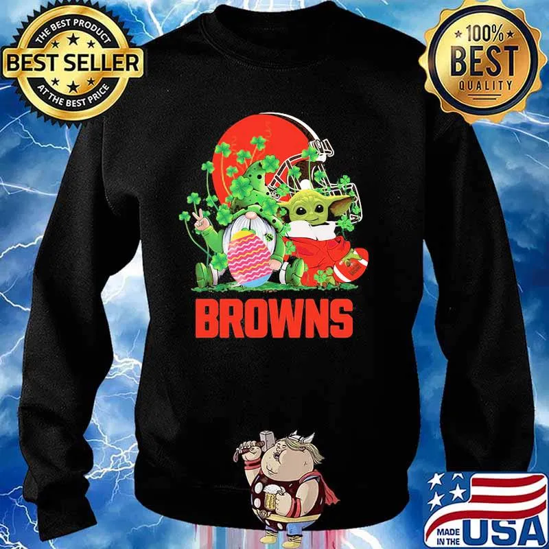 Browns Football Baby Yoda Vs Gnome Happy Easters And St Patricks Day Shirt Sweater