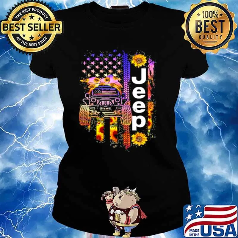 Jeep Wearing Sunflower Bandana Wheel Print American Flag Ladies tee