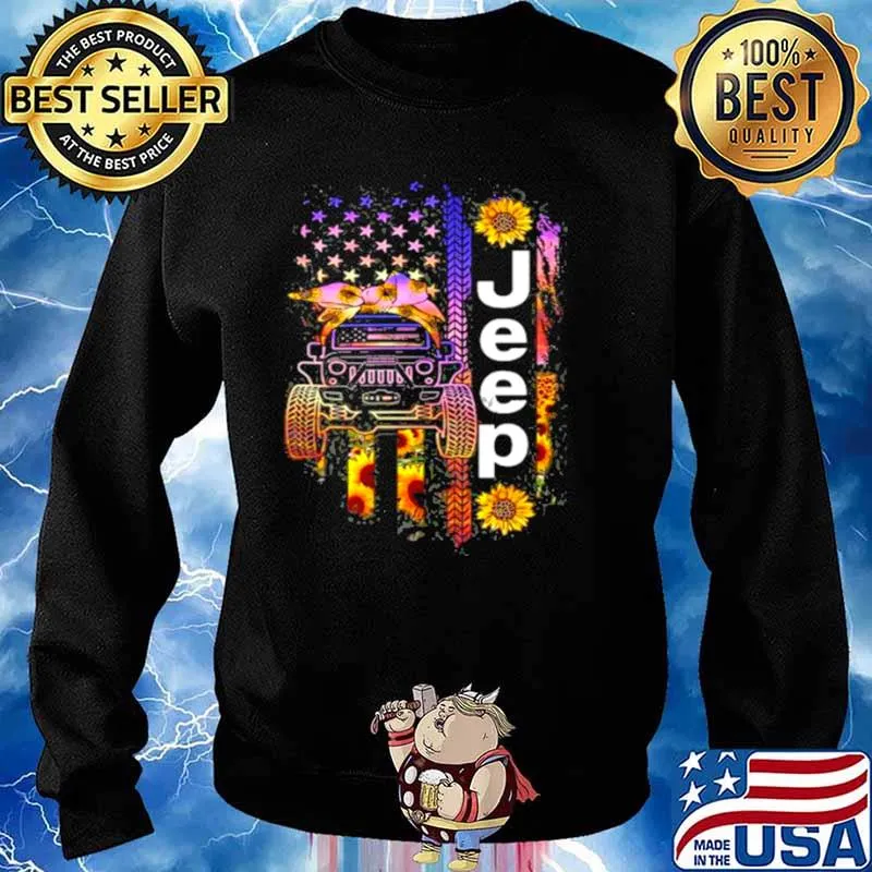 Jeep Wearing Sunflower Bandana Wheel Print American Flag Sweater