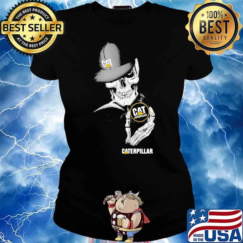Skull Wear Hat And Hug Caterpillar Logo Shirt Ladies tee