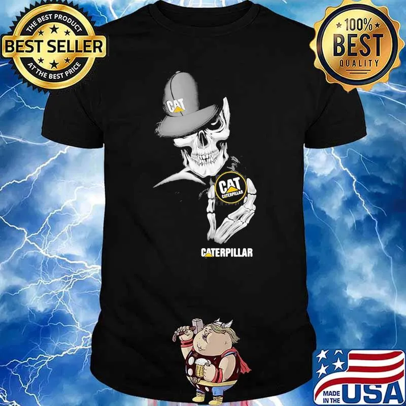Skull Wear Hat And Hug Caterpillar Logo Shirt