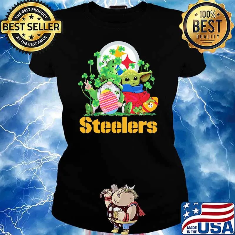 Steelers Football Baby Yoda Vs Gnome Happy Easters And St Patricks Day Shirt Ladies tee