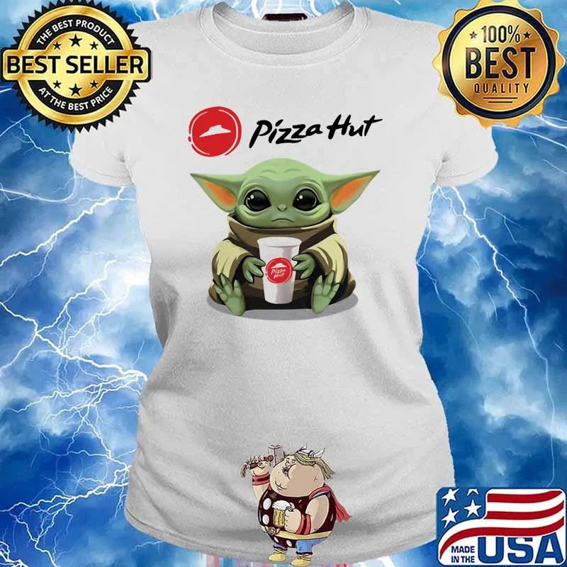 Baby Yoda Holding Pizza Hut Shirt Ladies tee