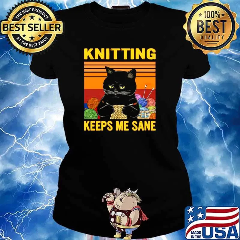 Black Cat Knitting Keeps Me Sane Vintage Ladies tee