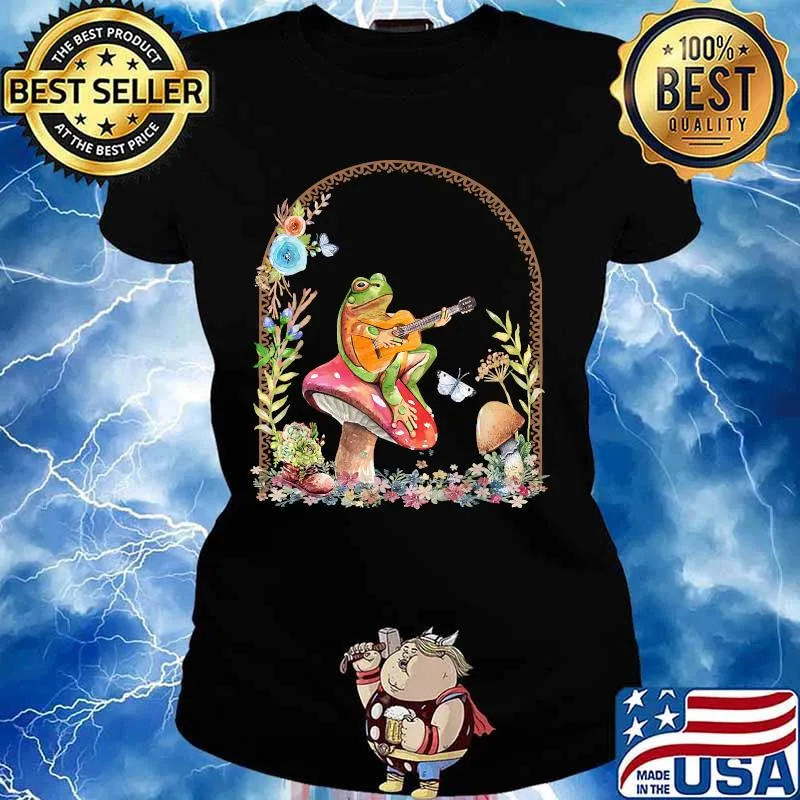 Cottagecore Kawaii Aesthetic Frog Playing Guitar Mushroom T-Shirt Ladies tee