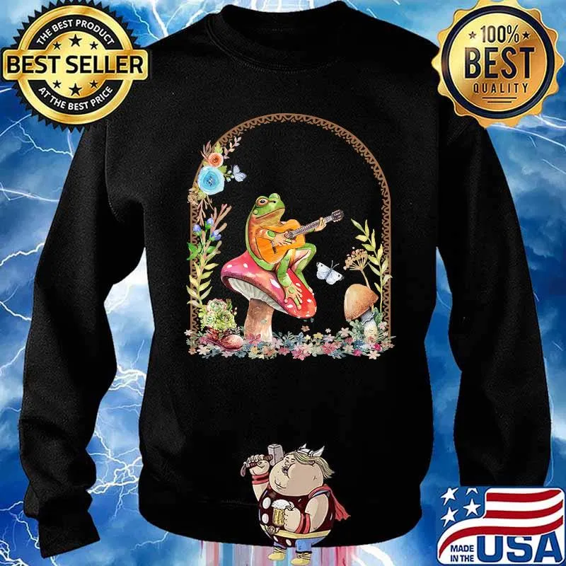 Cottagecore Kawaii Aesthetic Frog Playing Guitar Mushroom T-Shirt Sweater