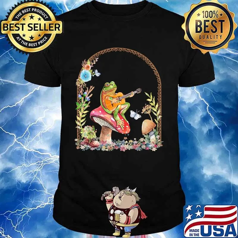 Cottagecore Kawaii Aesthetic Frog Playing Guitar Mushroom T-Shirt