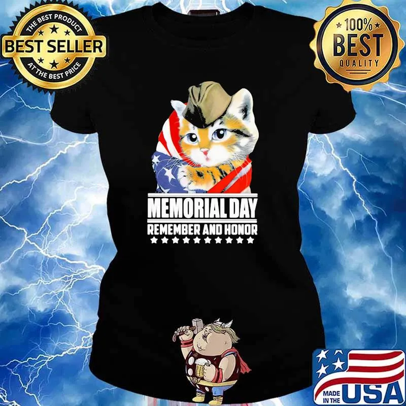 Memorial Day Remember And Honor Cat American Flag Shirt Ladies tee