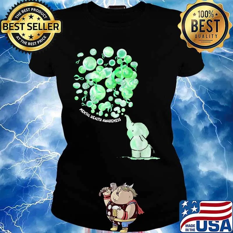 Mental Health Awareness Elephant Blows Up Green Balloons Shirt Ladies tee