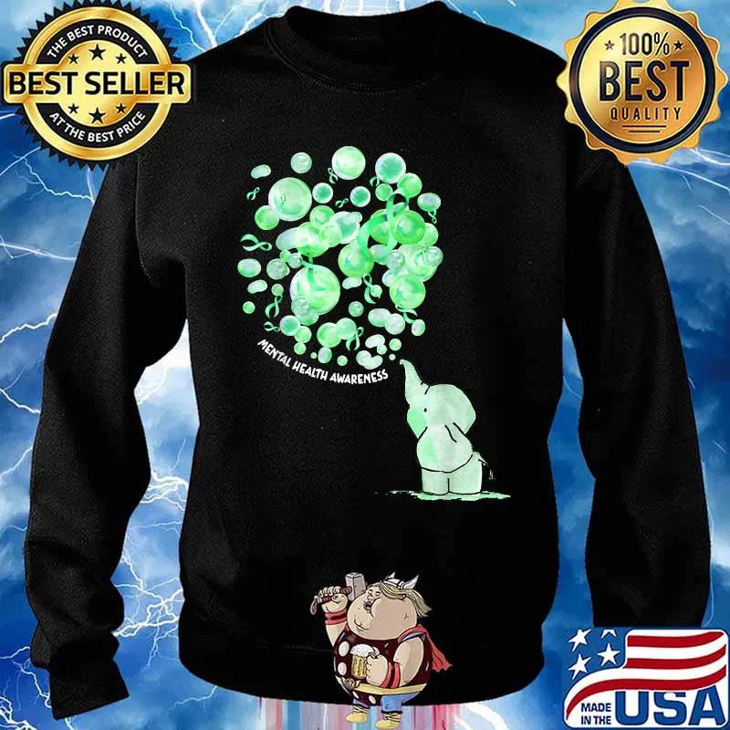 Mental Health Awareness Elephant Blows Up Green Balloons Shirt Sweater