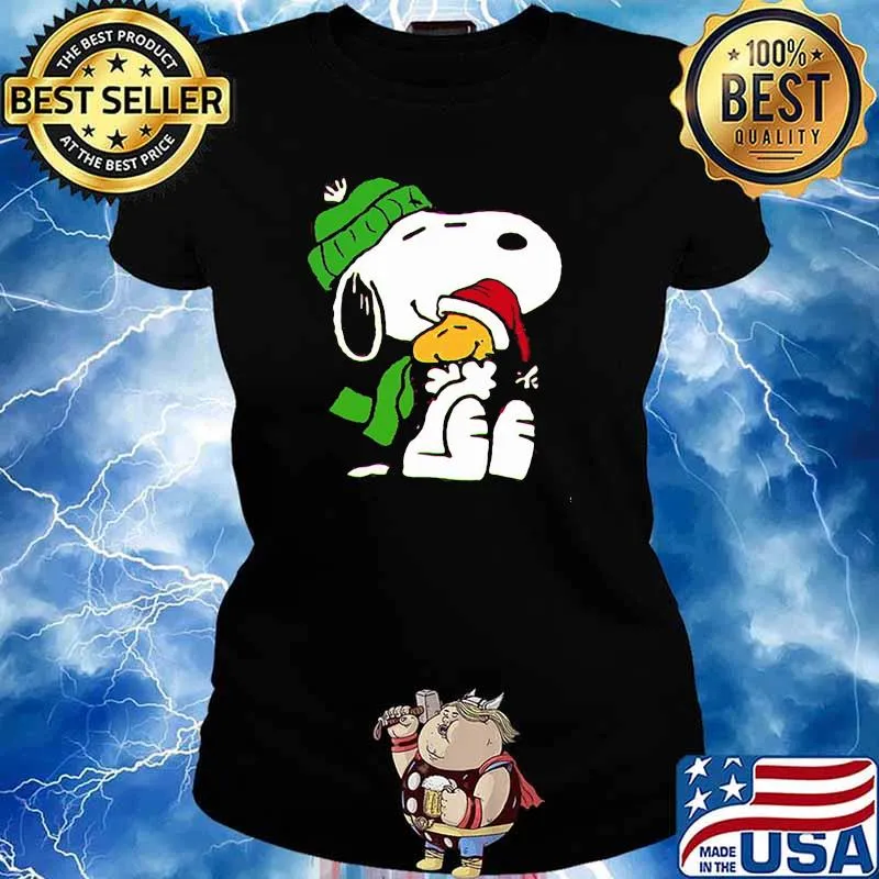 Snoopy hug woodstock merry xmas Ladies tee