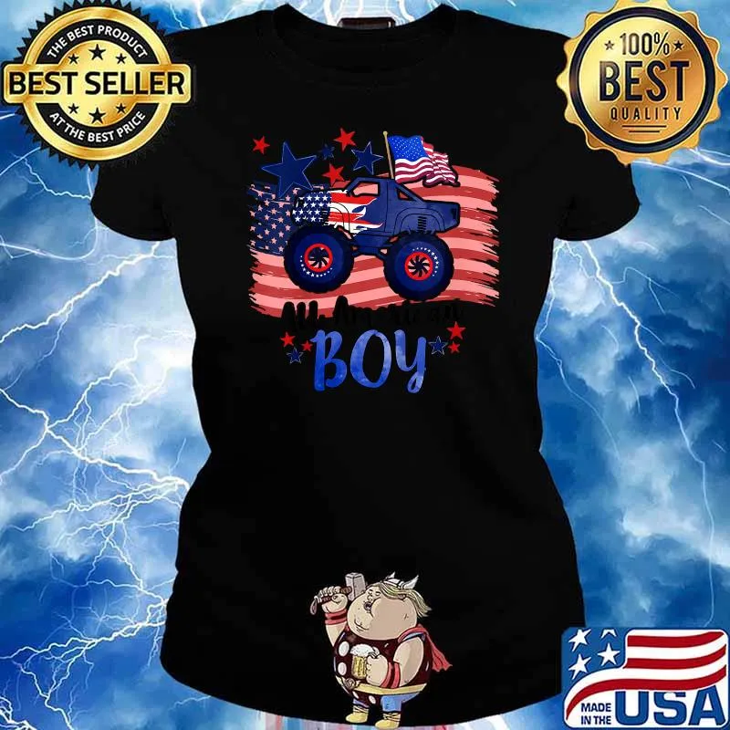 All American Boy Monster Truck Boy 4th July American Flag T-Shirt Ladies tee