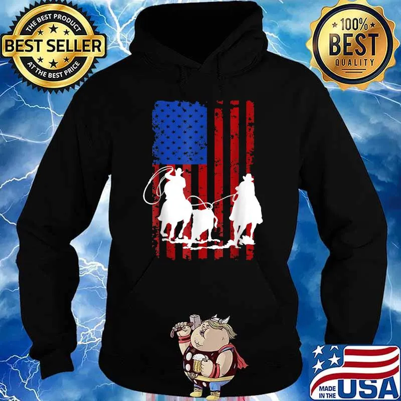 American Flag Team Roping Horse 4th Of July Patriotic T-Shirt Hoodie
