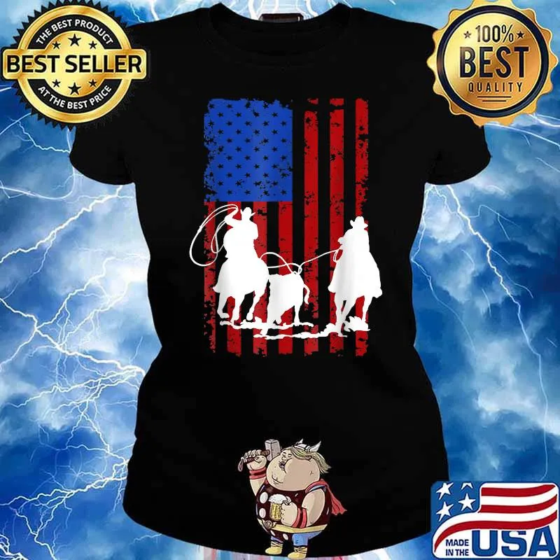 American Flag Team Roping Horse 4th Of July Patriotic T-Shirt Ladies tee