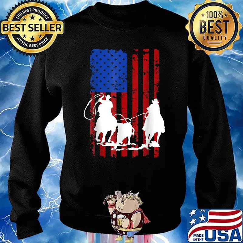 American Flag Team Roping Horse 4th Of July Patriotic T-Shirt Sweater
