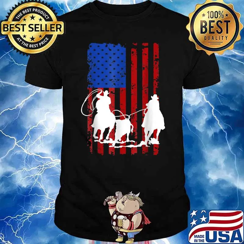 American Flag Team Roping Horse 4th Of July Patriotic T-Shirt