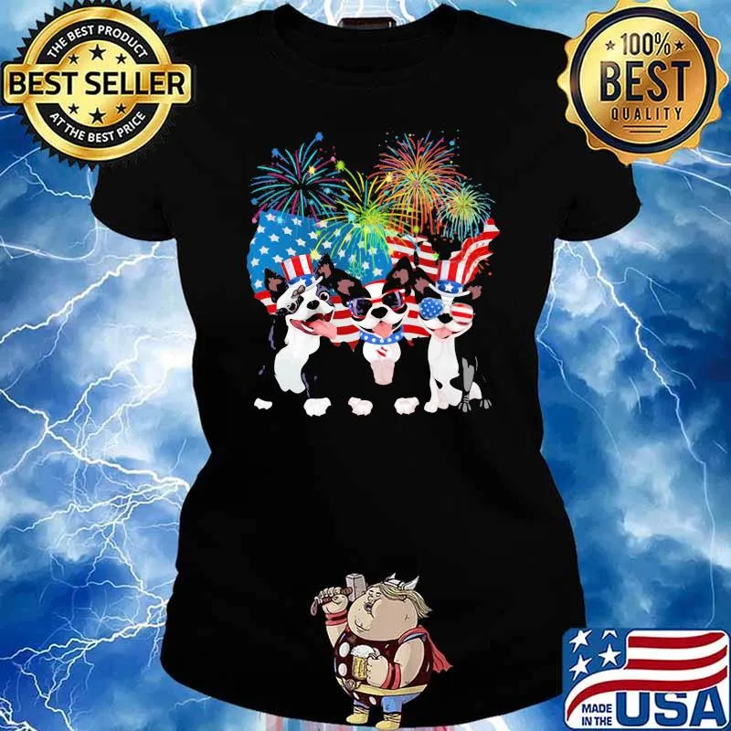 Boston Terrier Independence Day Firework American Flag Shirt Ladies tee