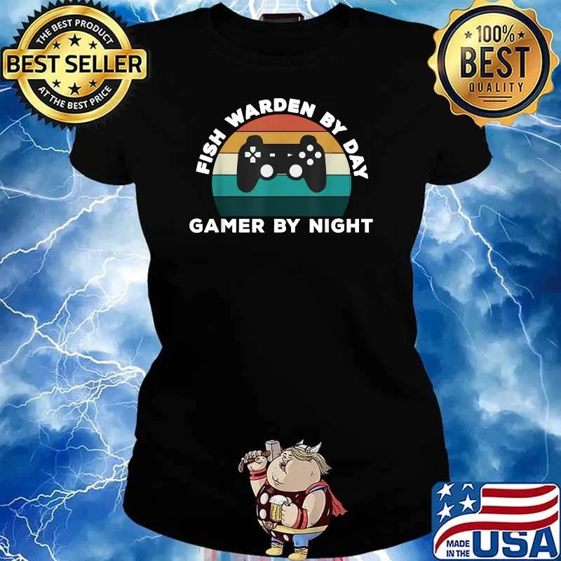 Funny Fish Warden By Day Gamer By Night Video Game Vintage T-Shirt Ladies tee