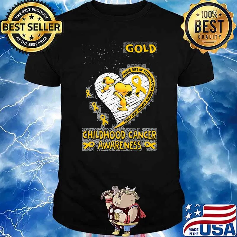 Gold childhood cancer awareness never give up determination snoopy shirt