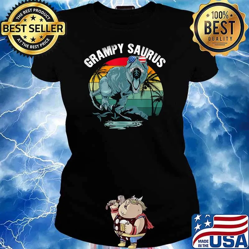 Grampysaurus T Rex Dinosaur Sunglasses American Flag Vintage T-Shirt Ladies tee