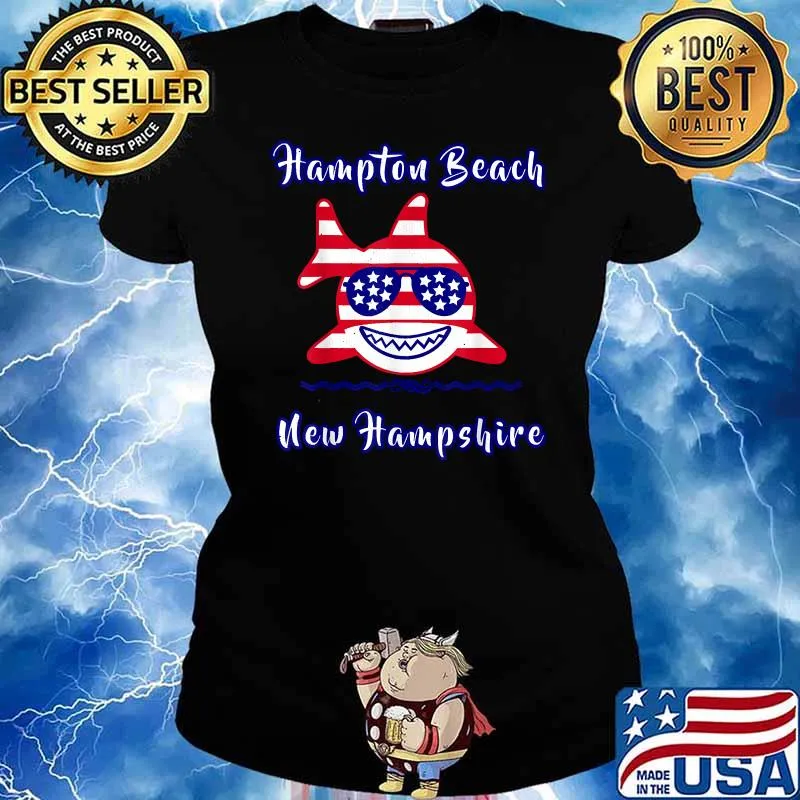 Hampton Beach New Hamp Shire Patriotic USA Flag Whimsy Shark T-Shirt Ladies tee