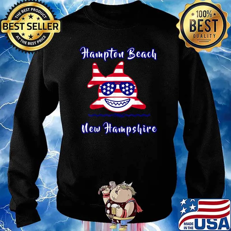 Hampton Beach New Hamp Shire Patriotic USA Flag Whimsy Shark T-Shirt Sweater
