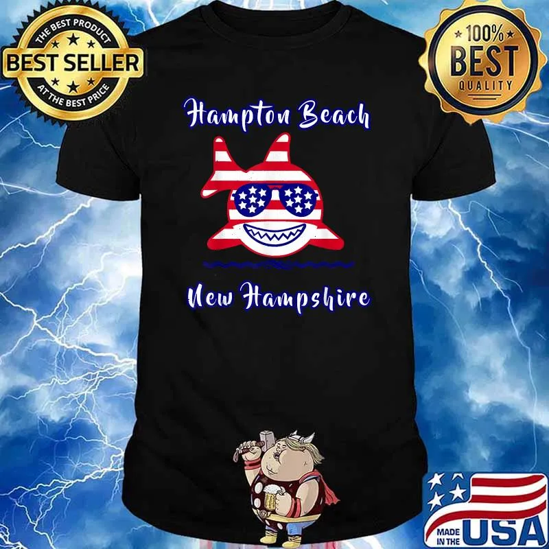 Hampton Beach New Hamp Shire Patriotic USA Flag Whimsy Shark T-Shirt