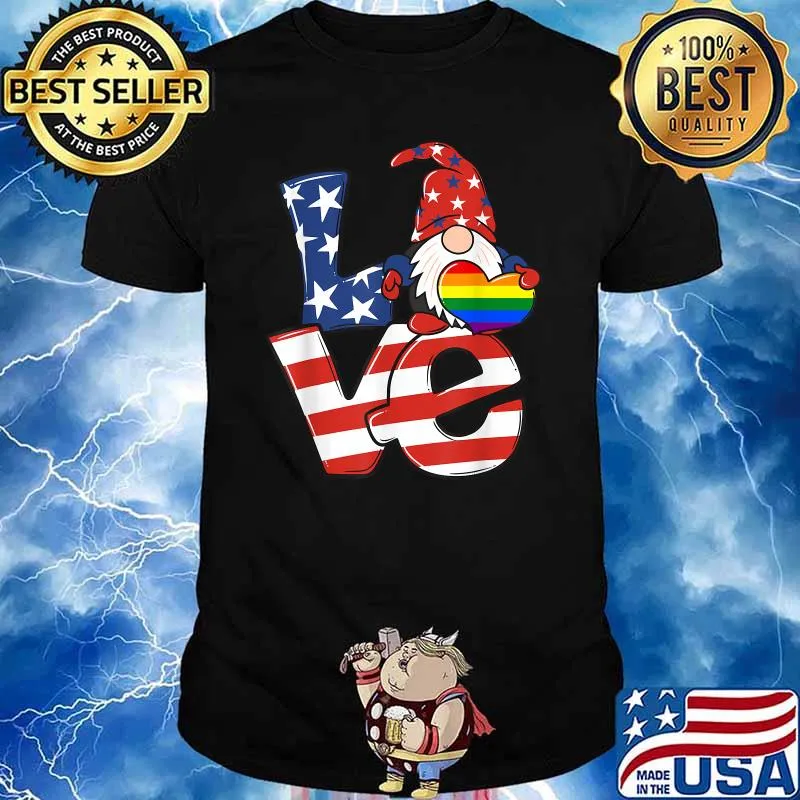 Love Gnome USA Flag 4th of July LGBT Heart Pride Day T-Shirt