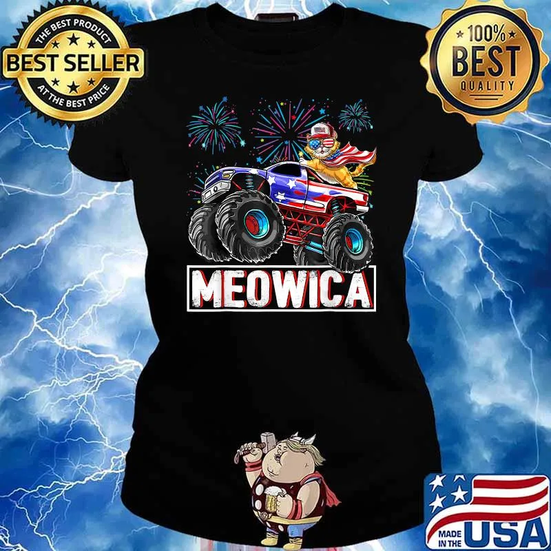 Meowica American Flag Cat Trucker Fireworks 4th of July T-Shirt Ladies tee