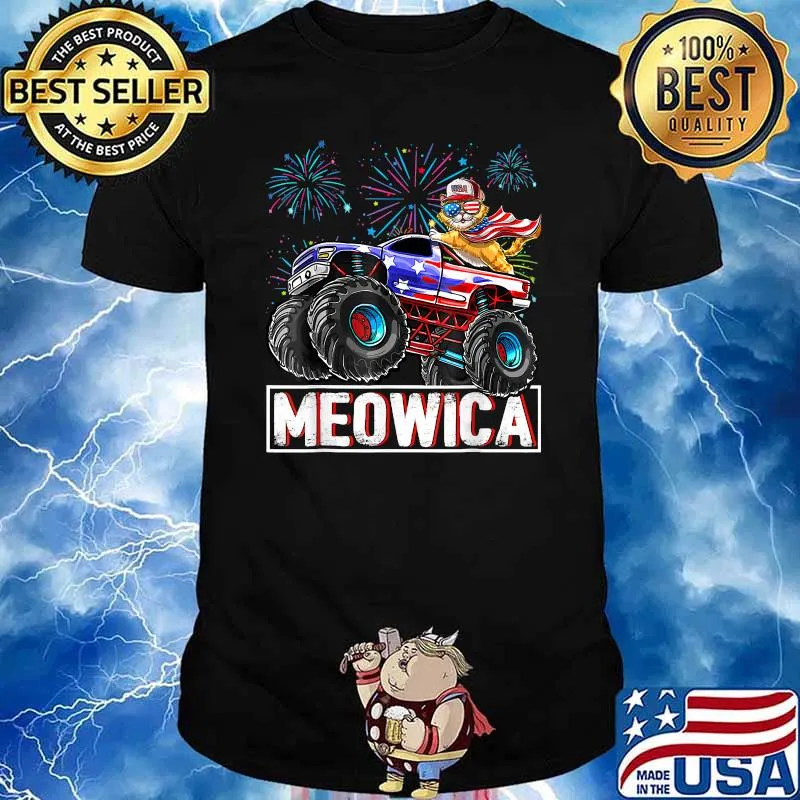 Meowica American Flag Cat Trucker Fireworks 4th of July T-Shirt