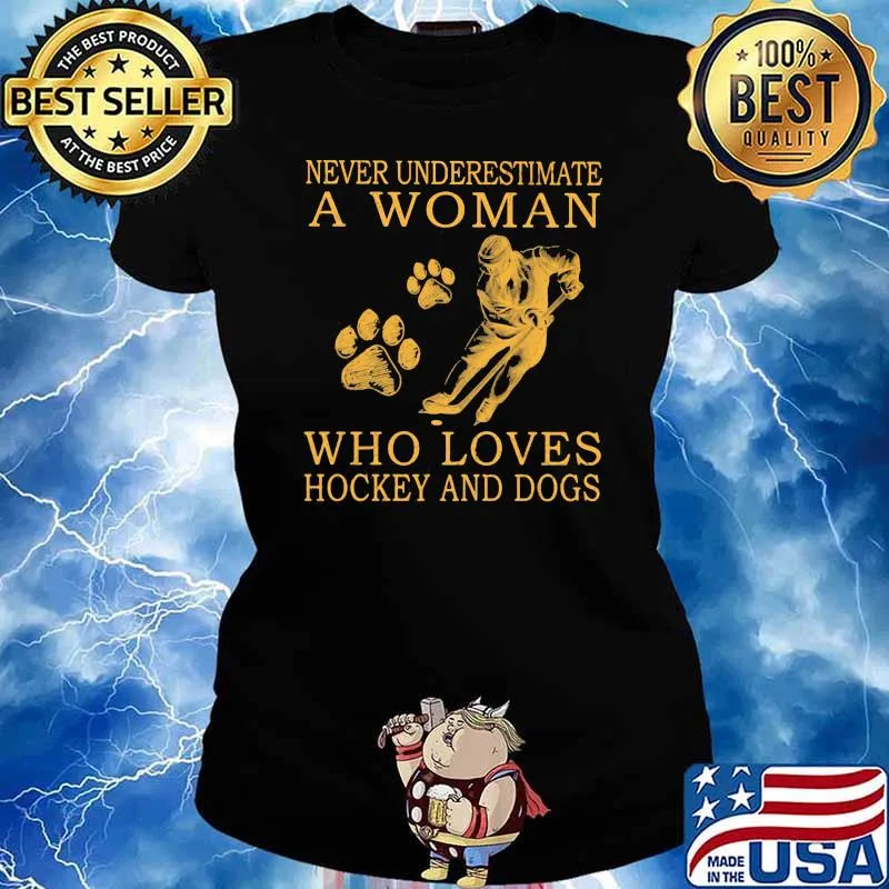Never Underestimate An Old Woman Who Loves Hockey And Dogs Shirt Ladies tee