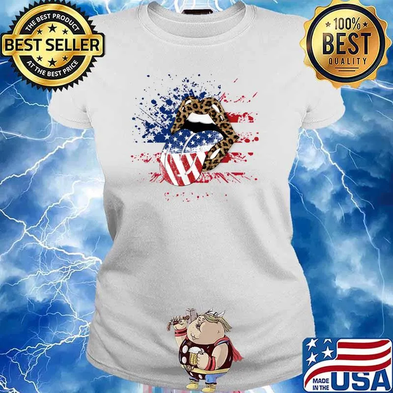 Patriotic Fourth of July American Flag Cheetah Lips T-Shirt Ladies tee