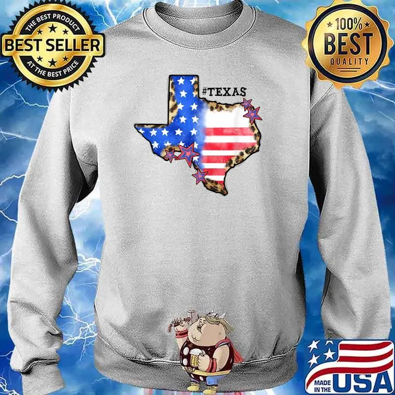 Texas State Map Leopard Print American Flag 4th Of July T-Shirt Sweater