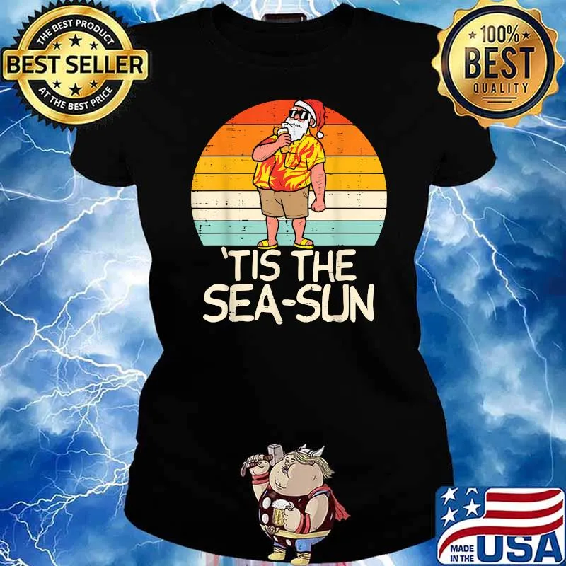 Tis The Sea Sun Santa Sunset Retro Christmas Vintage T-Shirt Ladies tee