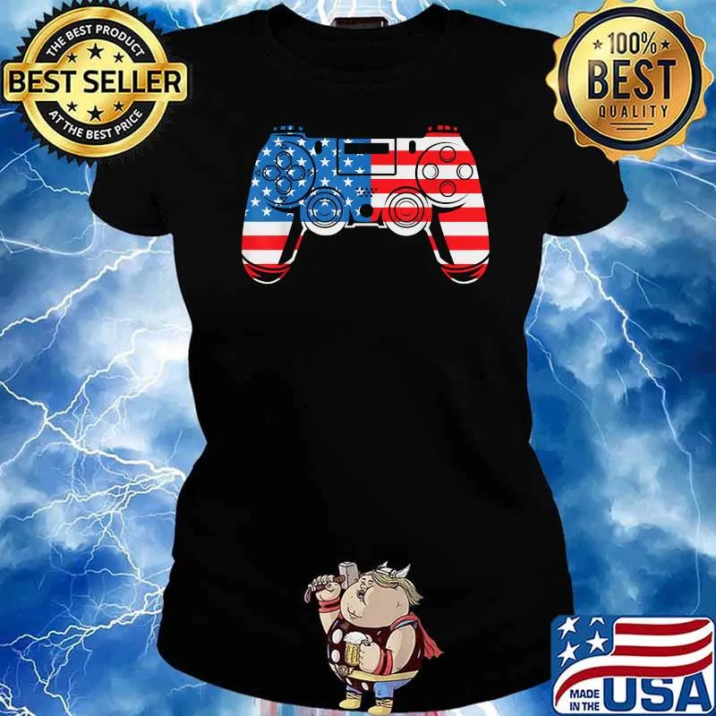 VIDEO GAMER American Freedom USA Flag 4th of july T-Shirt Ladies tee