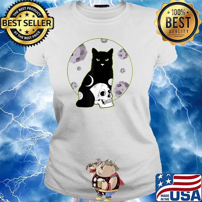 Demon Cats Moon & Skull Creepy Bad Evil Occult Black Cat Shirt Ladies tee