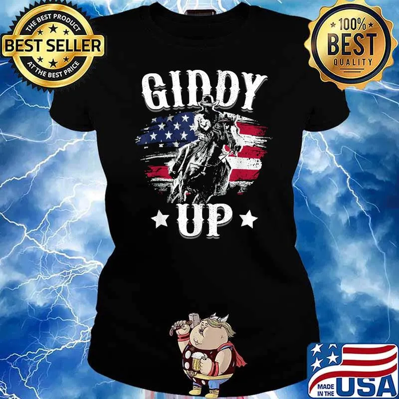 Giddy Up Cowboy Western Rodeo Riding American Flag Boys T-Shirt Ladies tee
