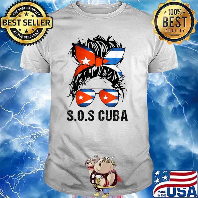 SOS Cuba Messy Hair Woman Bun Flag Free Cuba T-Shirt